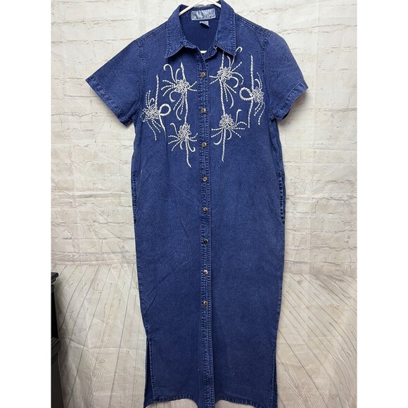 90s Denim Embroidered Dress - Whispers - Small Cottagecore - Picture 1 of 4
